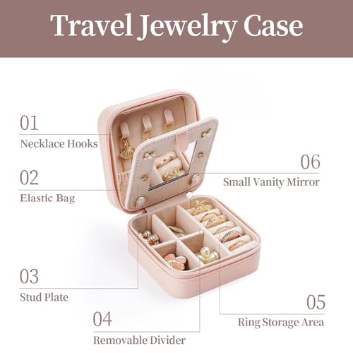 Strawberry Small Travel Jewelry Case with Mirror Portable Pink PU Leather Box Earrings Necklaces Rings Bracelets Storage Organizer Gift for Women And Girls