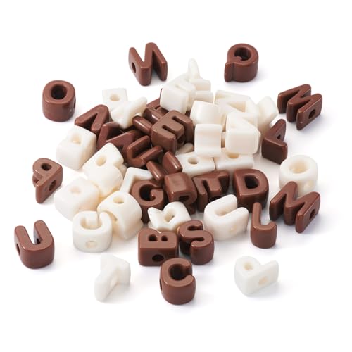 Beige Brown Slide Letter Beads, 52Pcs Large Alphabet Bead Charm Block 3D Initial Beads with Horizontal Hole for Wristbands Bracelets Necklace Choker Jewelry Making - color: Beige Brown, Letter A~Z