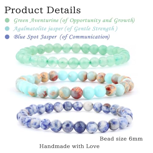 2/3-Pieces 4mm 6mm 8mm Natural Crystal Gemstone – Handmade Reiki Energy Healing Stretch Bracelets Jewelry for Yoga, Meditation, Unisex - color: 3 Pieces (AgalmatoliteJasper&BlueSpot&GreenAventurine), size: 6mm