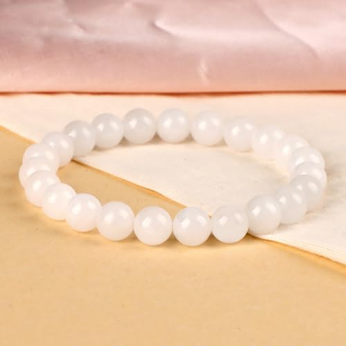LPBeads Handmade Natural Gemstone Stretch Elastic Bracelet Healing Crystal Round Stone Beads Jewelry Gifts for Women Men - color: White Jade, size: 8mm
