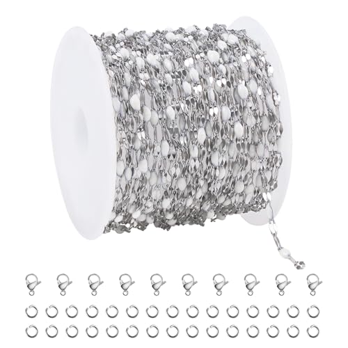 UMAOKANG 16.4 Feet White Enamel Chain for Jewelry Making Stainless Steel Lip Chains Bulk on Spool - color: Steel-White
