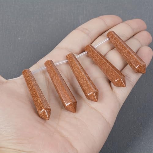 50mm Synthetic Goldstone Hexagonal Wand Jewelry Making Crystal Pointed Chakra Reiki Healing Beads 2mm Hole Drilled(Pack of 5) - color: Synthetic Goldstone