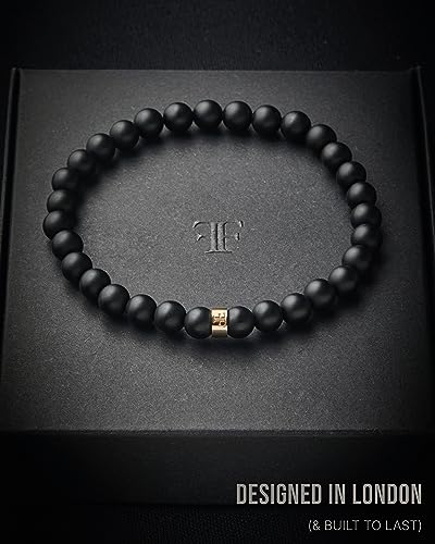 Forge & Foundry Men’s Matte Black Solid Onyx Beaded Bracelet | 10mm, 8mm, 6mm Bead Size Options | Signature Stainless Steel Engraved Bead | Andalus - color: 6mm Gold, size: Large
