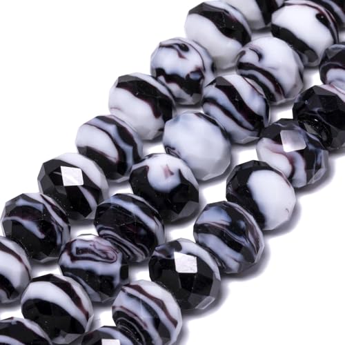 7.5×10mm 50pcs Black White Faceted Lampwork Glass Beads for Jewelry Making, Flat Round Handmade Murano Beads for Bracelets, Crafts, Friendship Bracelet Kit, Rosary Making - color: Black White