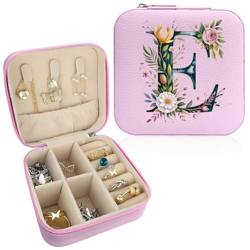 Monogram Jewelry Box Portable Print Jewelry Box, 1pcs Pink Compact Jewelry Box Travel Jewelry Case Travel Case Organizer Bag Storage Box Jewelry Holder For Necklace Earrings Rings Bracelet (Letter E) - color: Letter E 01