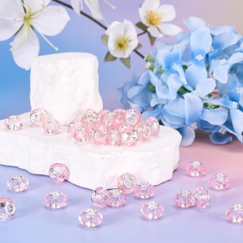 100pcs 14mm Large Hole Faceted Glass Crystal Pink European Crystal Spacer Beads for Valentine's Day Jewelry Making - color: Pink