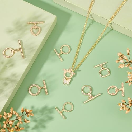 PH PandaHall 18K Toggle Clasps, 6 Styles T-Bar Closure Clasp 12 Sets Jewelry Clasps Flower Ring Leaf IQ Brass Bracelet Clasp for Necklace Making - color: 6 Styles