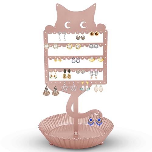 Earring Holder Hanging Organizer Stand Jewelry Rack Metal Cute Cat Tree Shelf Room Decor Table Ear Stud Holder Display Tower with Ring Storage Tray for Teens Girls Kids Cat Lovers (Pink) - color: Pink