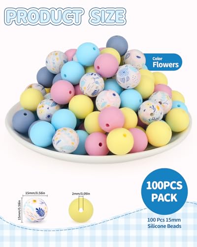 100 Pcs 15mm Silicone Beads for Keychain Making, Flowers Silicone Beads Bulk Round for Bracelets Pens Crafts Jewelry Making (Flowers) - color: Flowers