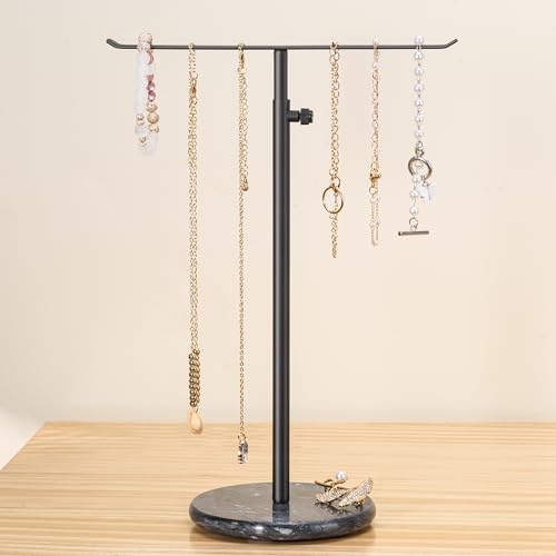 Black Necklace Holder Jewelry Organizer Stand – Adjustable Height T‑Bar Jewelry Display with Dark Gray Marble Base, Necklace & Bracelet Holder, Countertop Jewelry Rack - color: Black