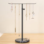 Black Necklace Holder Jewelry Organizer Stand – Adjustable Height T‑Bar Jewelry Display with Dark Gray Marble Base, Necklace & Bracelet Holder, Countertop Jewelry Rack - color: Black