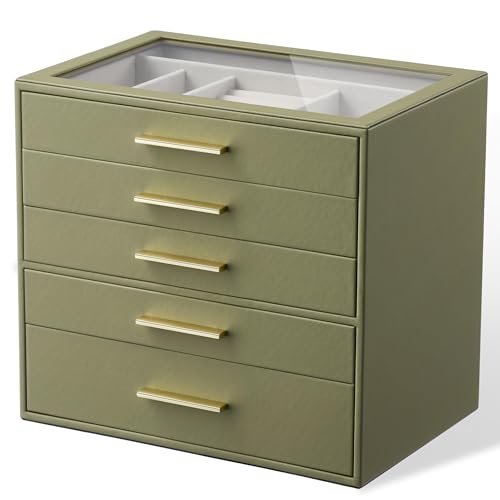 Jewelry Box Organizer Case for Women: 5-Layer Jewelry Storage Case with Glass Window, Olive Green Leather with Cream Velvet, Holder for Ring Necklace Bracelet Brooch Watch, Great Gift for Her - color: Green, size: 5 layer