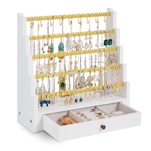 Pinzoveco Earring Organizer, 5 Layer Earring Holder Organizer with Metal Necklace Holder Pole, Rustic Wood Jewelry Organizer Stand Display for Stud Earring Bracelet Necklace Ring, 175 Earring Holes - color: White Gold
