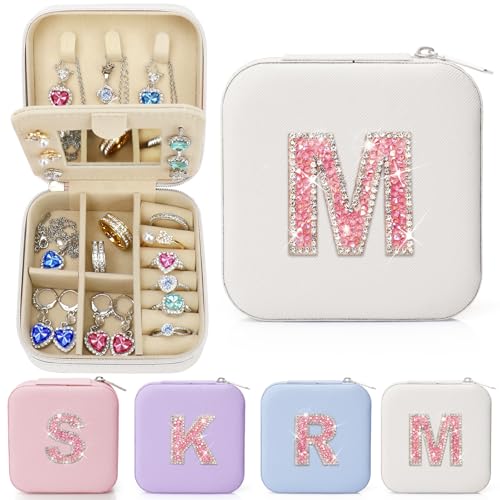 Sparkling Initial Jewelry Box Organizer,Personalized Travel Jewelry Box for Girls & Women,Glitter Rhinestone Jewelry Case Gifts for Easter, Birthday & Christmas,Small Size (Beige, M) - color: Beige, size: M