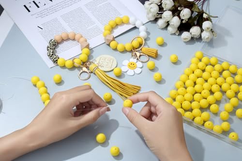 MAIBAOTA 120 Pcs Yellow Silicone Beads 15 mm Yellow Beads for Keychain/Pens/Bracelet/Necklace Making Focal Beads Loose Rubber Round Silicone Beads Bulk for Craft Making（with Boxed Kits） - color: Yellow