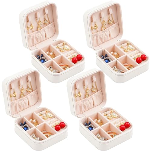 Neveika Portable Travel Mini Jewelry Box Leather Jewellery Ring Organizer Case Storage Gift Box Girls Women (4pcs White). - color: White