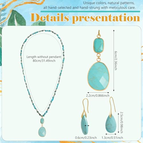 2 Pcs Boho Lapis Lazuli Jewelry Set for Women - Handmade Natural Stone Beaded Long Necklace with Oval Lapis Lazuli Pendant & Trapezoid Lapis Lazuli Earrings | Vintage Elegance | Ideal Gift for Her - style: Turquoise Pendant