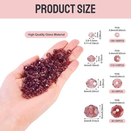 4 Strands Faceted Glass Beads Crystal 3/4/6/8mm Rondelle Transparent Glass Loose Spacer Beads for DIY Bracelet Necklace Wristband Keychain Jewelry Craft Making, Pale Violet Red - color: 3/4/6/8mm-Pale Violet Red