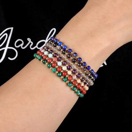 QOGIR 14k gold Handmade Healing Bracelet, Natural Gem Stone Crystal Elastic Gold Bracelet - color: Black Onyx - Protecting and Grounding, size: 6m