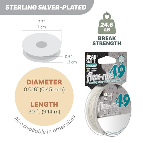 The Beadsmith Flex-Rite Beading Wire - 49-Strand Nylon-Coated Stainless-Steel Wire, 0.018" (0.45 mm) Dia, Sterling Silver-Plated, 30 ft Spool, Necklace & Bracelet String, for Jewelry Making Supplies - color: Sterling Silver-Plated, size: .018” Dia - 30 ft