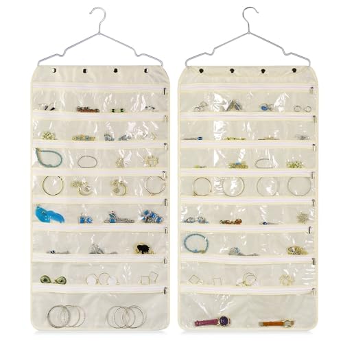 Flexzion Hanging Jewelry Organizer with Zippered Pockets - (1 Pack) Beige Closet Jewelry Organizer Storage with Hanger, 56 Pockets Dual Sided Earring Organizer Hanging for Bracelet, Watches, Ring - color: Beige 56 Pocket