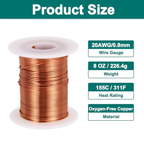MECCANIXITY 20 AWG Magnet Wire, 20 Gauge Enameled Copper Wire, 8 oz Magnetic Coil Wire for Transformer, Motor, Electric, 155C(311F) - size: 20AWG