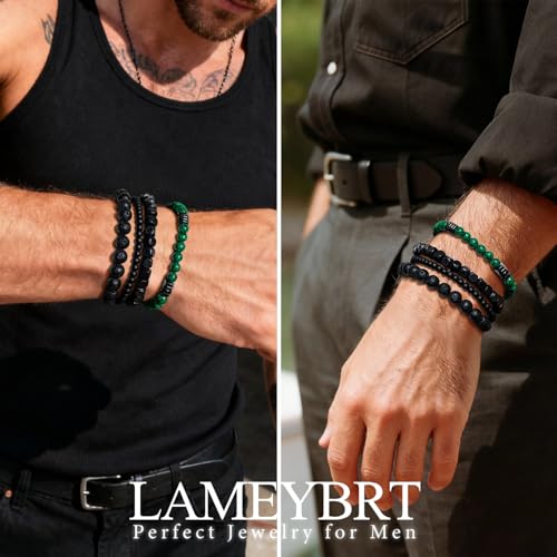 Men’s Hematite Bracelet Set Boho Multi - Tiger Eye/Matte Agate/Lava Rock Gifts for Birthday/Anniversary/Christmas - color: F08 Malachite