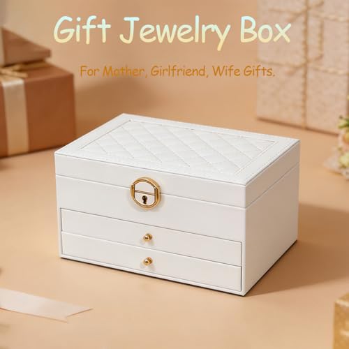 3 Layer Jewelry Box Organizer with Drawers, Lockable PU Leather Jewelry Storage Case for Mothrer's Day gifts Necklace Earring Ring Bracelet Watch, White - color: White