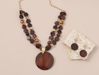 Layered Beads Statement Fashion Necklace Chunky Jewelry Set Big Colorful Glass Stone Circle Shell Pendant Choker Necklace and Earring Set for Women - color: Brown