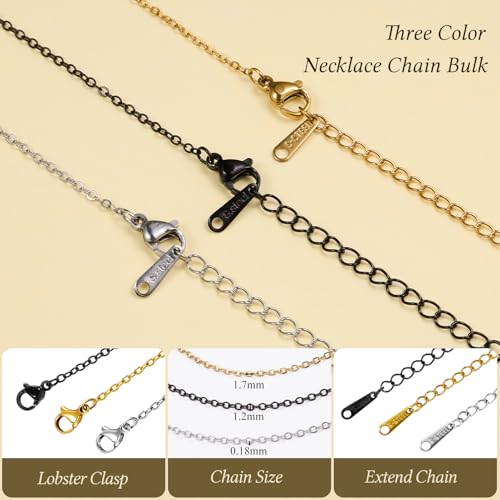25pcs Stainless Steel Necklace Chains Three Color Cable Jewelry Necklace Bulk Craft Handmade Jewelry Chain with Adjustable Extender - color: Black Cable Chain