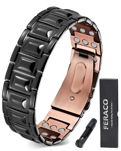 Feraco Copper Bracelet for Men 3X Strength,Magnetic Therapy Bracelet Copper Jewelry with Powerful 3800 Gauss Magnets - style: Black Dome