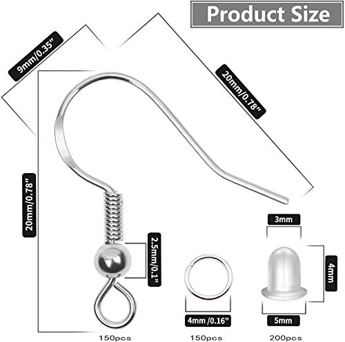 Hypoallergenic Earring Hooks 150 PCS/75 Pairs, Silver Plated Ear Wires Fish Hooks,500pcs Earring Making Kit with Jump Rings and Clear Silicone Earring Backs Stoppers for DIY Jewelry Making - color: Silver,Gold, size: 500pcs