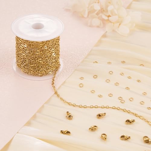 Jabogrii 16.4 Feet Gold Oval Lip Chain for Jewelry Making Stainless Steel Cable Chain Bulk Roll Craft Jewelry Making - color: Lip Gold