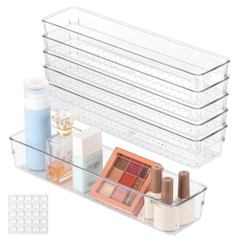 6 Pcs Large Clear Plastic Drawer Organizers Tray 12"x3" Storage Bins with 25 Pcs Non-Slip Pads for Makeup, Jewelries, Kitchen Utensils, Bathroom and Office - size: 12"x3"