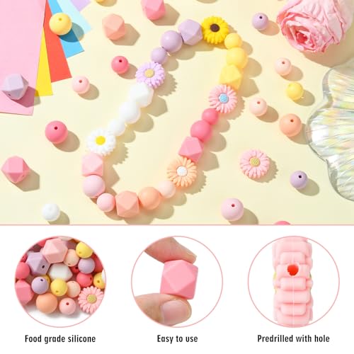 LiQunSweet 110 pcs Spring Theme Daisy Flower Focal Silicone Beads Round Hexagon Shape Silicone Beads for Keychain Making DIY Beadable Pens Jewelry Making Bracelets - color: Hexagon Round Daisy Beads_110 Pcs
