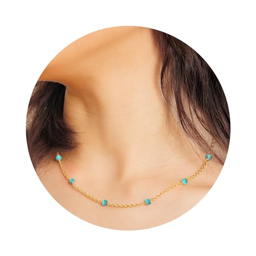Dainty Gold Necklace for Women,Trendy 18k Gold Vermeil Sterling Silver Choker Necklace Thin Beaded Choker Necklaces Womens Simple Jewelry Gift for Valentines Day - color: December - Turquoise