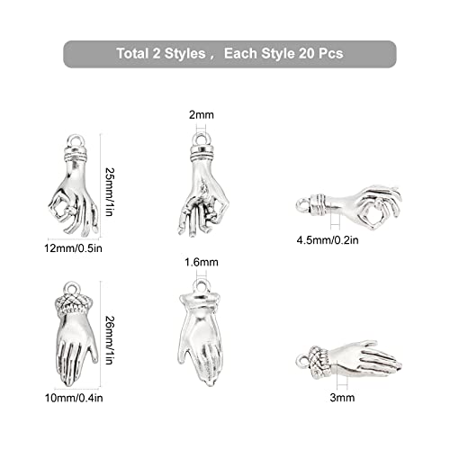 SUNNYCLUE 1 Box 40Pcs 2 Styles Antique Silver Hand Pendant Mini Alloy OK Gesture Vintage Charms Bulk Tibetan Style Fingers Lucky Pendants for Jewelry Making Charms Bracelets Findings