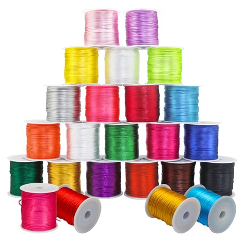 20 Rolls 656 Yards 1mm Rattail Satin Nylon Trim Cord Silk Cord Beading String for Kumihimo, Braided Bracelets, Pendants Necklace, Macrame Craft, Keychains Lanyards, Jewelry Making