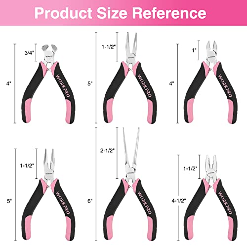 WORKPRO 6-Piece Mini Pliers Set, Needle Nose, Long Nose, Bent Nose, Diagonal, End Cutting and Linesman, for Crafts Work, Electronic Repair, with Pouch - Pink Ribbon - color: Pink