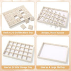 2 Pcs 24 Grid Stackable Jewelry Organizer Tray with Removable Dividers Ice Velvet Jewelry Display Showcase Tray for Necklace Earring Ring Bracelet Holder(Beige Velvet) - color: Beige Velvet