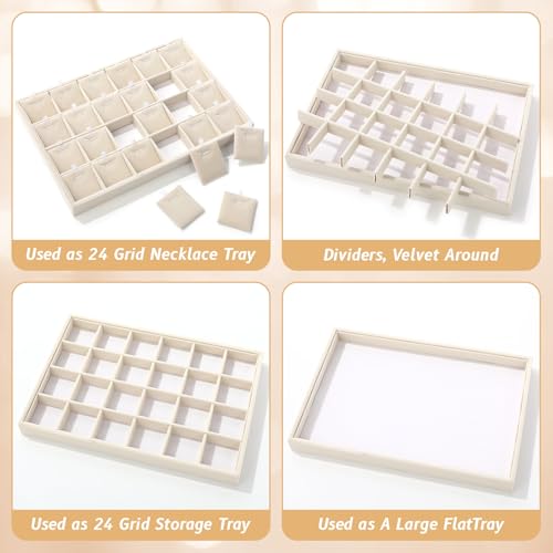 2 Pcs 24 Grid Stackable Jewelry Organizer Tray with Removable Dividers Ice Velvet Jewelry Display Showcase Tray for Necklace Earring Ring Bracelet Holder(Beige Velvet) - color: Beige Velvet