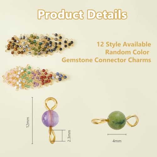 DICOSMETIC 120Pcs 12 Styles Gemstone Connector Charm 4mm Round Stone Link Charms Natural Quartz Crystal Charms Stone Pendants with Double Loops for DIY Bracelet Necklace Jewelry Making, Hole: 2.3mm
