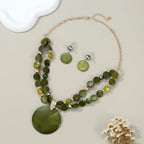 Layered Beads Statement Fashion Necklace Chunky Jewelry Set Big Colorful Glass Stone Circle Shell Pendant Choker Necklace and Earring Set for Women - color: Olive Green