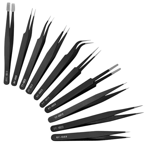 Bonsicoky 10 PCS Precision ESD Tweezers Set - Anti-Static Stainless Steel Tools Kit for Electronics, Jewelry Repair, Soldering, and Crafting Projects - color: 10 Pcs
