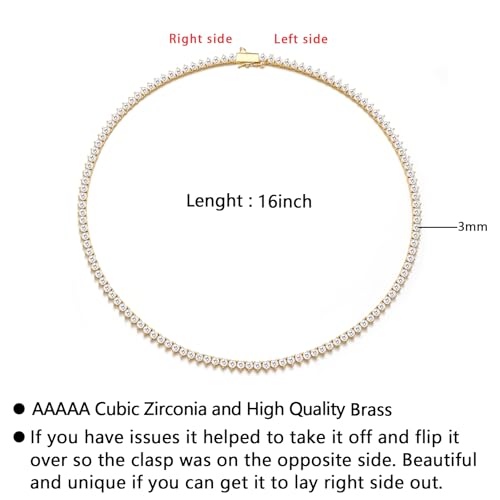 BREN 3mm 3 Prong Tennis Necklaces for Women Men, 18K White/Yellow Gold Plated 16/18 inches Round Cubic Zirconia Dainty Chain Jewelry - color: Gold-3mm, size: 16 inch