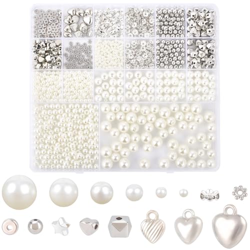 1 Box 1306PCS Pearl Beads Set Imitation Round Assorted CCB Plastic Heart Star Flower Brass Rhinstone Pendants Loose Spacer Bead Set for Jewelry Making Necklace Bracelets DIY Crafts Supply - color: Silver