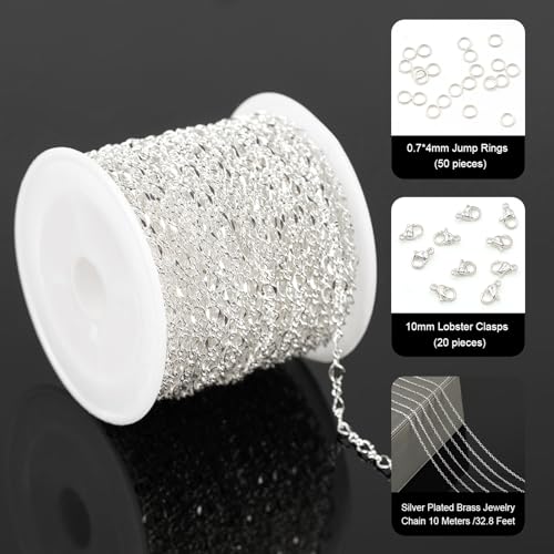 YOUBEIYEE 32.8 Feet Silver Chain for Jewelry Making Silver Plated Brass Link Chain Women Necklace Bracelet DIY Jewelry Chain Roll - color: 1:1 Lip