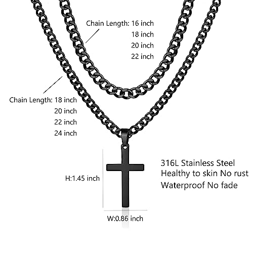 SENRAN Layered Cross Necklace for Men Boys Stainless Steel Layered Cuban Link Chain 16-24 inch Christian Cross Pendant Religious Jewelry Gifts - color: Black, style: 16inch/18inch