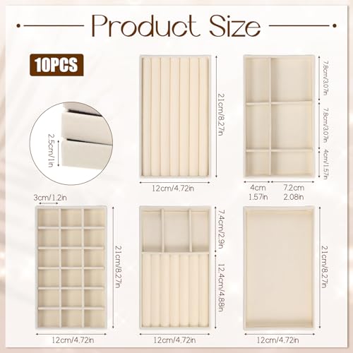 10 Pack Beige Jewelry Organizer Tray, Jewelry Drawer Organizer Inserts with Removable Dividers Stackable Velvet Ring Earring Storage for Rings Earrings Necklace Bracelet Watch Storage