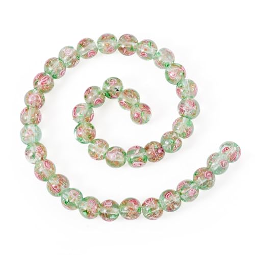 Elecrelive 40Pcs 10mm Flower Glass Beads Gold Sand Lampwork Beads Sea Green Floral Round Crystal for DIY Bracelet Necklace Earring Jewelry Making - color: Dark Sea Green